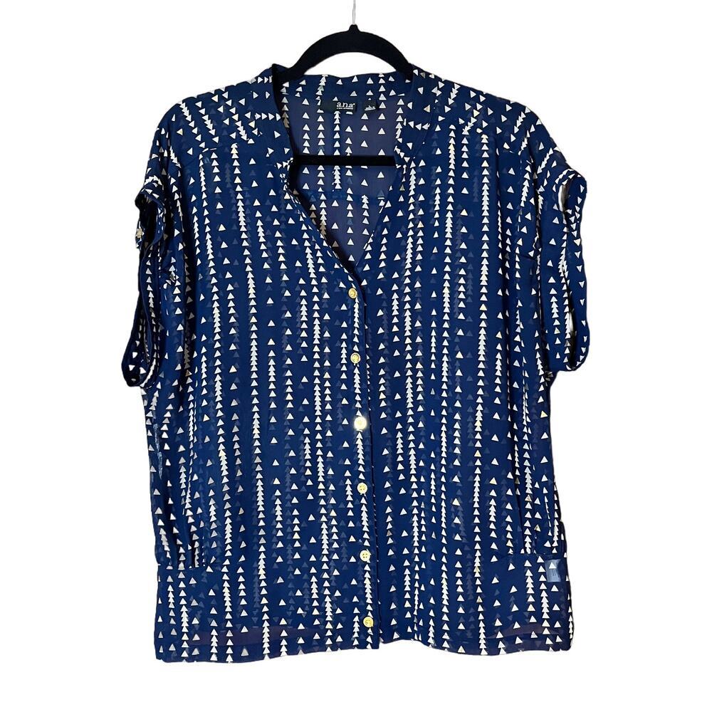 A.n.a. Sheer Blue and Gold‎ Triangle Blouse Cap Sleeve Women’s Large (G-106)